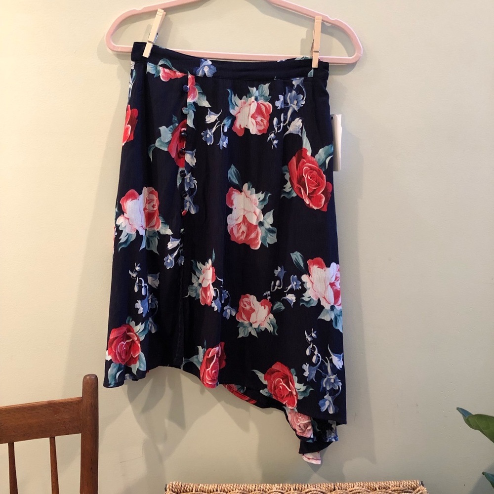 Red + Olive Navy Blue and Floral Asymmetric Skirt
